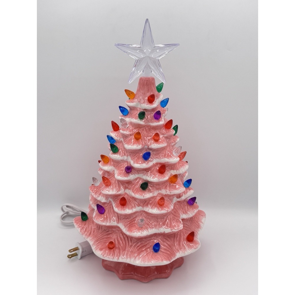 Vintage Pink Ceramic Christmas Tree 15" Lighted Plug-In w Star Multicolor Bulbs